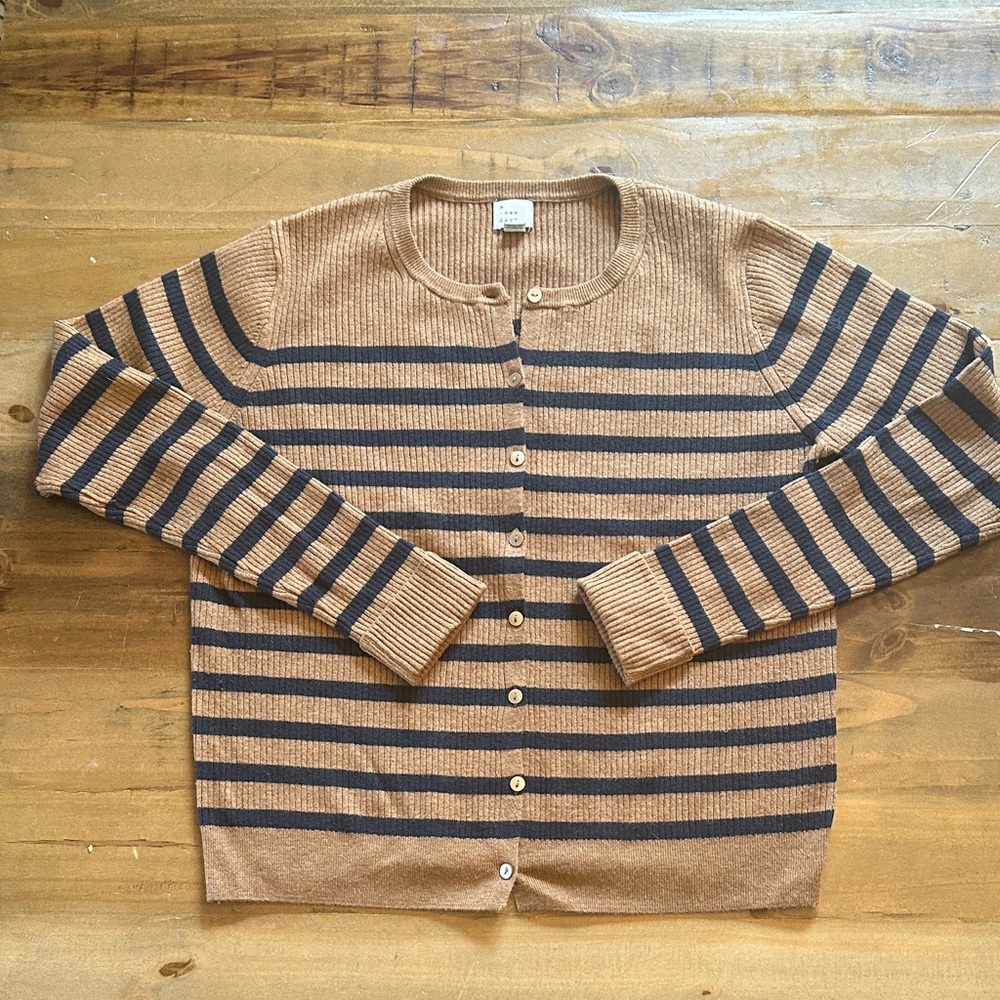 a new day Striped Crewneck Cardigan - Brown and Navy